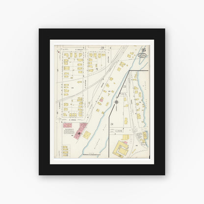 Old map wall art mockup — black gallery frame with white mat — Sanborn Fire Insurance Map from Olean, Cattaraugus County, New York (1915), Sheet #0025