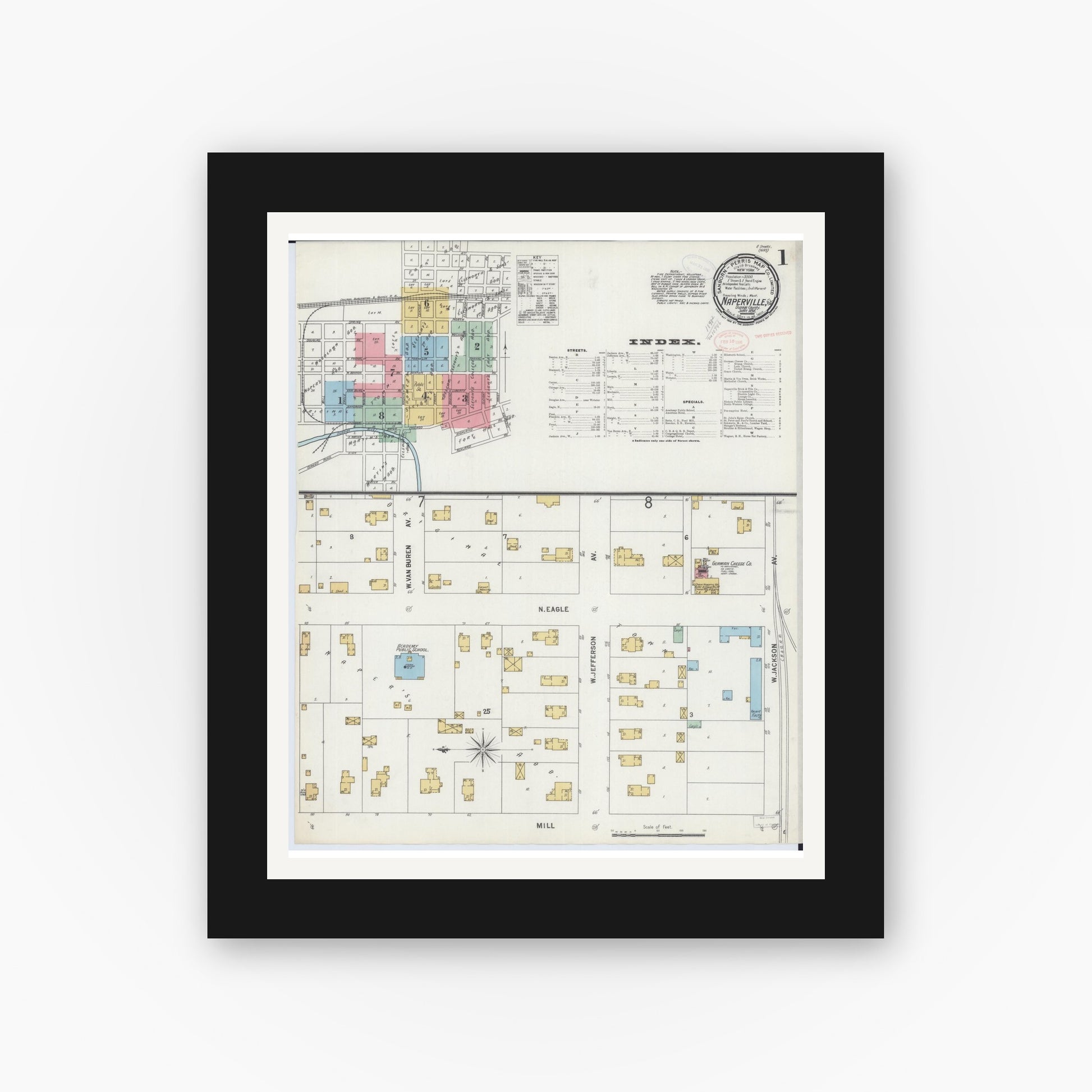 Old map wall art mockup — black gallery frame with white mat — Sanborn Fire Insurance Map from Naperville, Du Page County, Illinois (1898) - Complete Map Set