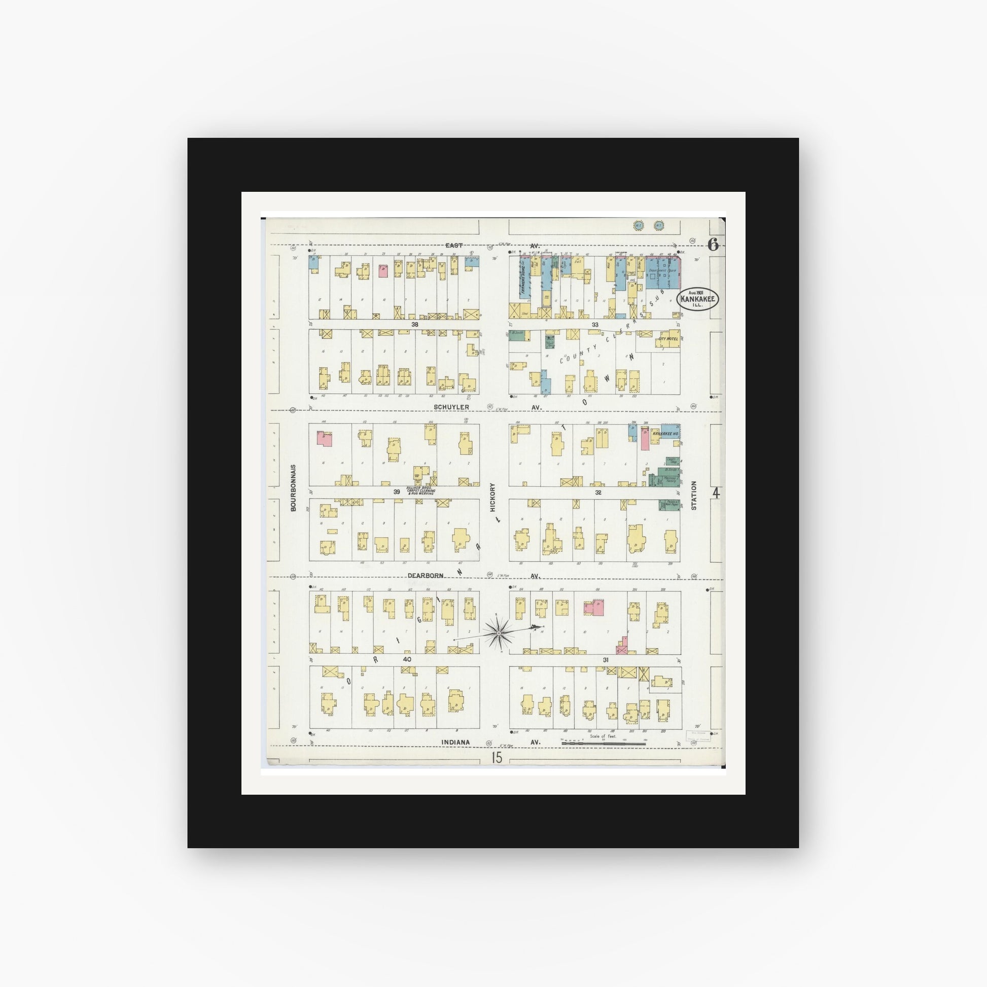 Old map wall art mockup — black gallery frame with white mat — Sanborn Fire Insurance Map from Kankakee, Kankakee County, Illinois (1901), Sheet #0006