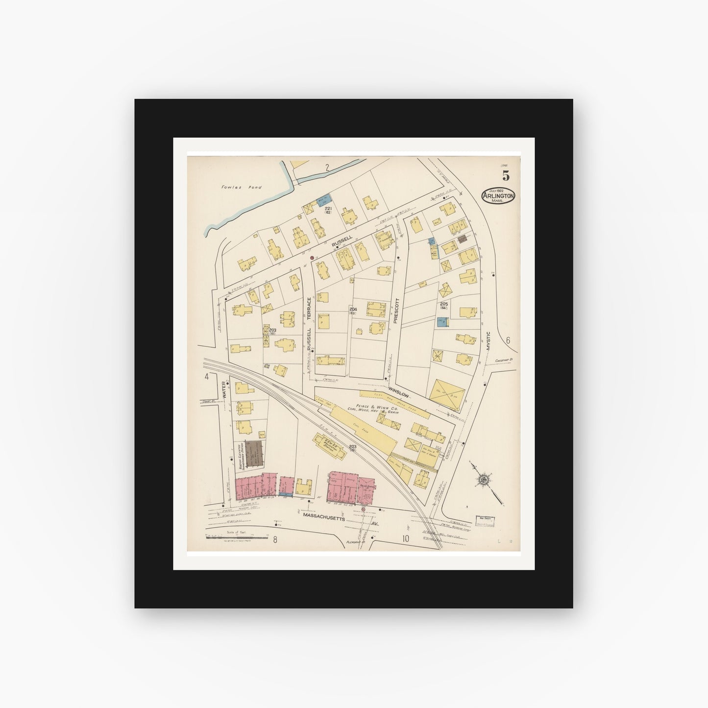 Old map wall art mockup — black gallery frame with white mat — Sanborn Fire Insurance Map from Arlington, Middlesex County, Massachusetts (1922), Sheet #0005
