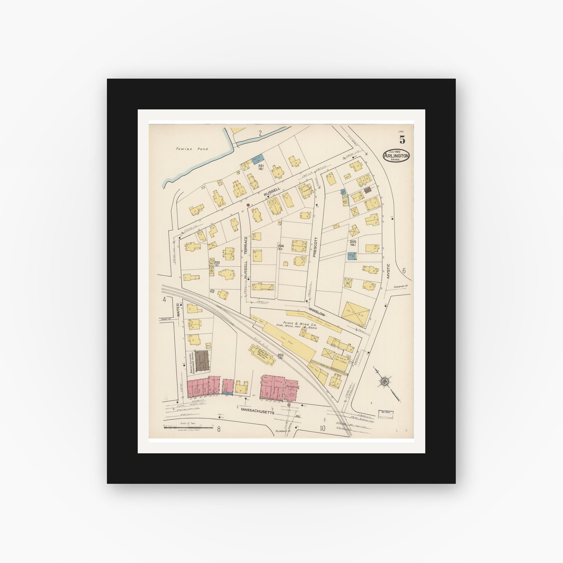 Old map wall art mockup — black gallery frame with white mat — Sanborn Fire Insurance Map from Arlington, Middlesex County, Massachusetts (1922), Sheet #0005