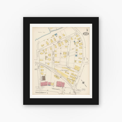 Old map wall art mockup — black gallery frame with white mat — Sanborn Fire Insurance Map from Arlington, Middlesex County, Massachusetts (1922), Sheet #0005