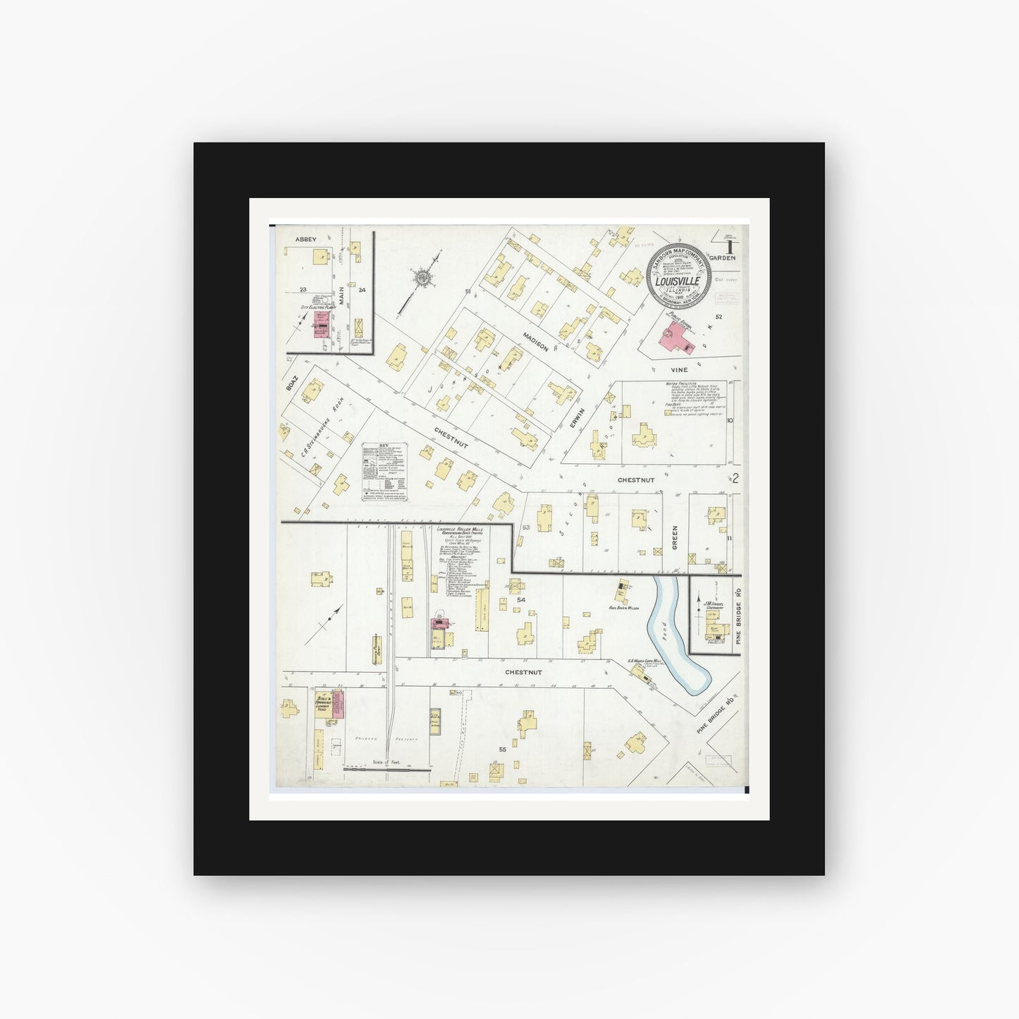 Old map wall art mockup — black gallery frame with white mat — Sanborn Fire Insurance Map from Louisville, Clay County, Illinois (1910) - Complete Map Set