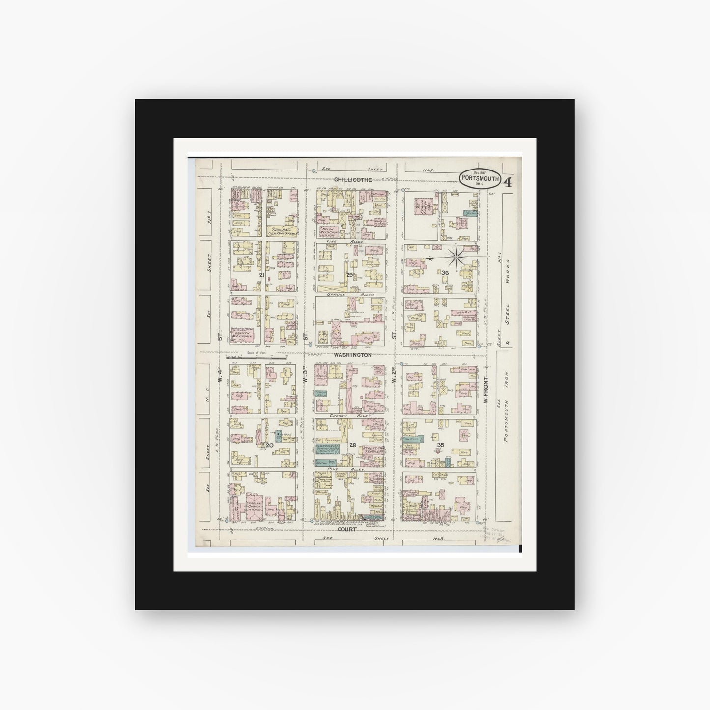 Old map wall art mockup — black gallery frame with white mat — Sanborn Fire Insurance Map from Portsmouth, Scioto County, Ohio (1887), Sheet #0004