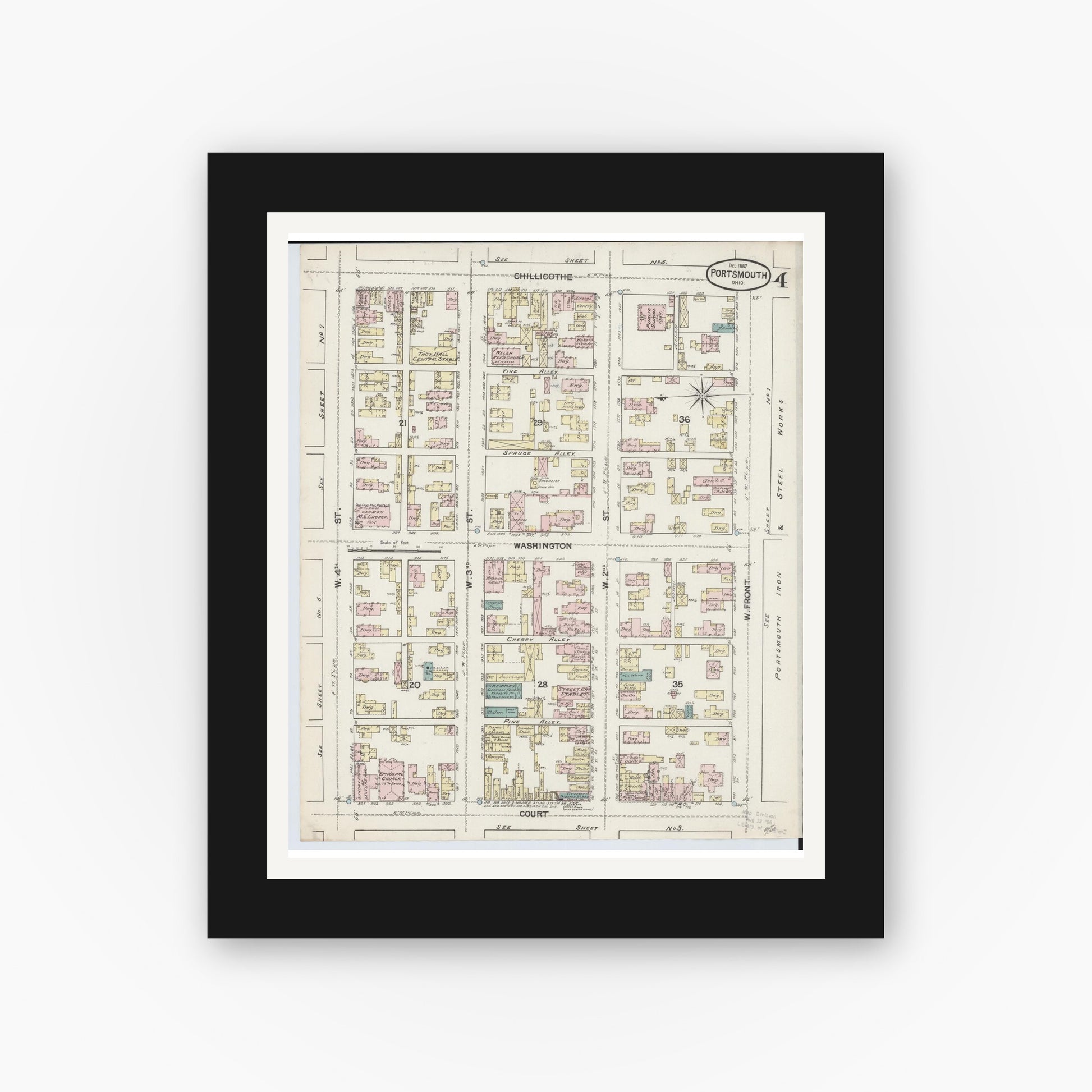 Old map wall art mockup — black gallery frame with white mat — Sanborn Fire Insurance Map from Portsmouth, Scioto County, Ohio (1887), Sheet #0004