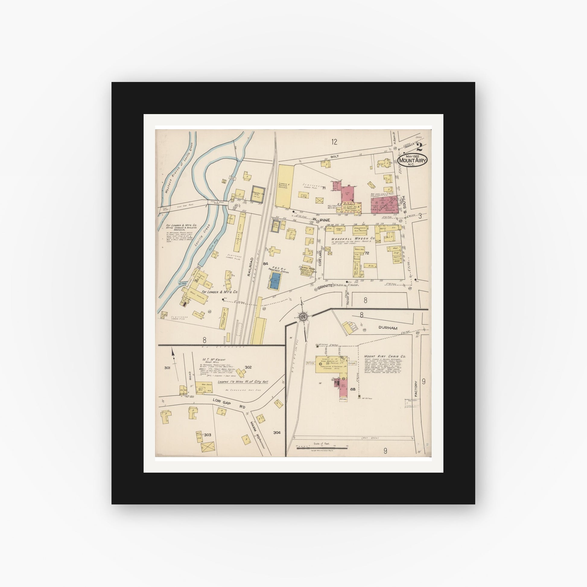 Old map wall art mockup — black gallery frame with white mat — Sanborn Fire Insurance Map from Mount Airy, Surry County, North Carolina (1922), Sheet #0002