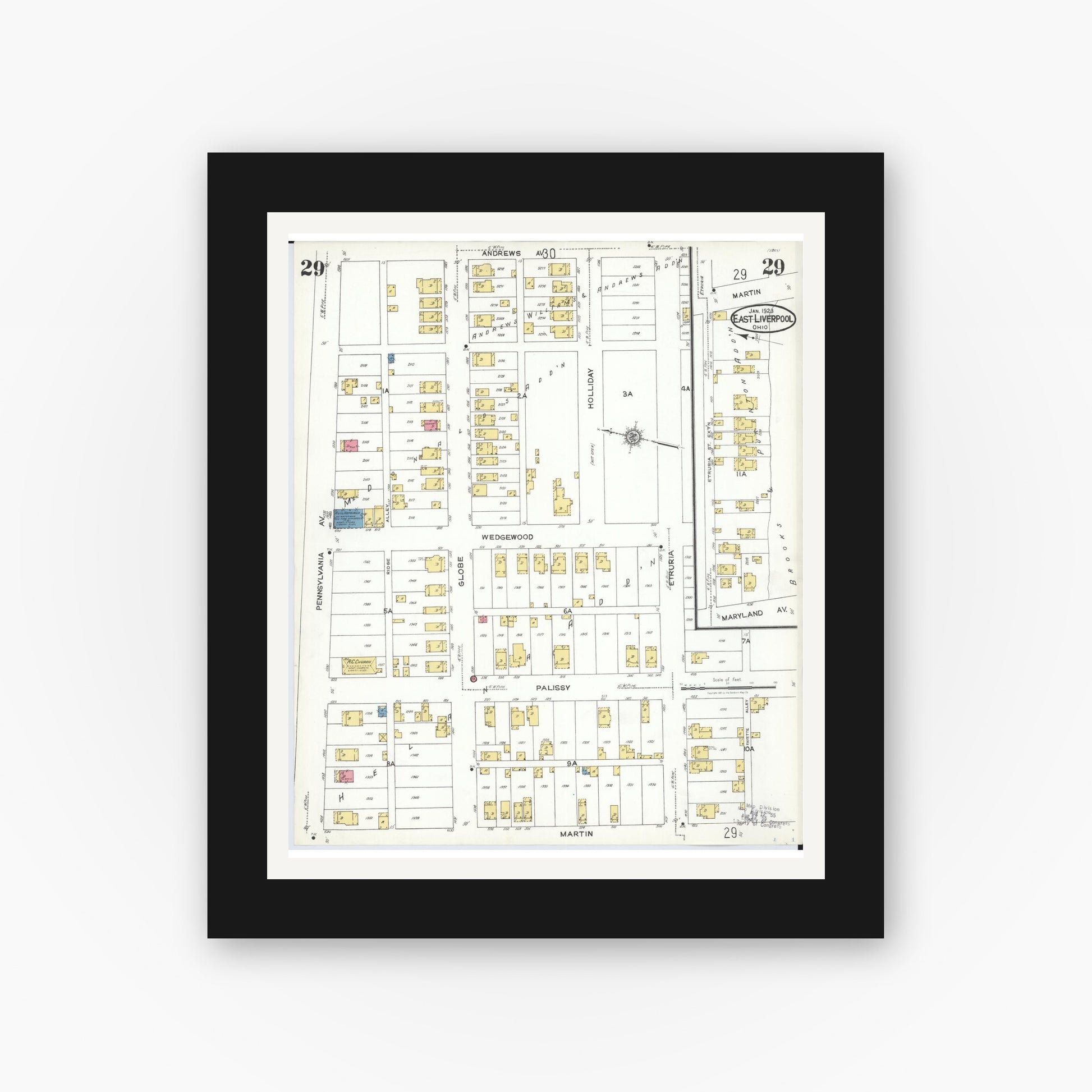 Old map wall art mockup — black gallery frame with white mat — Sanborn Fire Insurance Map from East Liverpool, Columbiana County, Ohio (1923), Sheet #0029