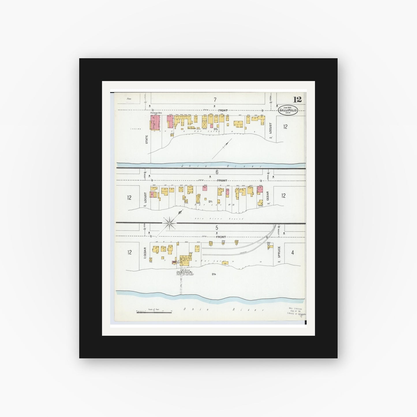 Old map wall art mockup — black gallery frame with white mat — Sanborn Fire Insurance Map from Gallipolis, Gallia County, Ohio (1900), Sheet #0012