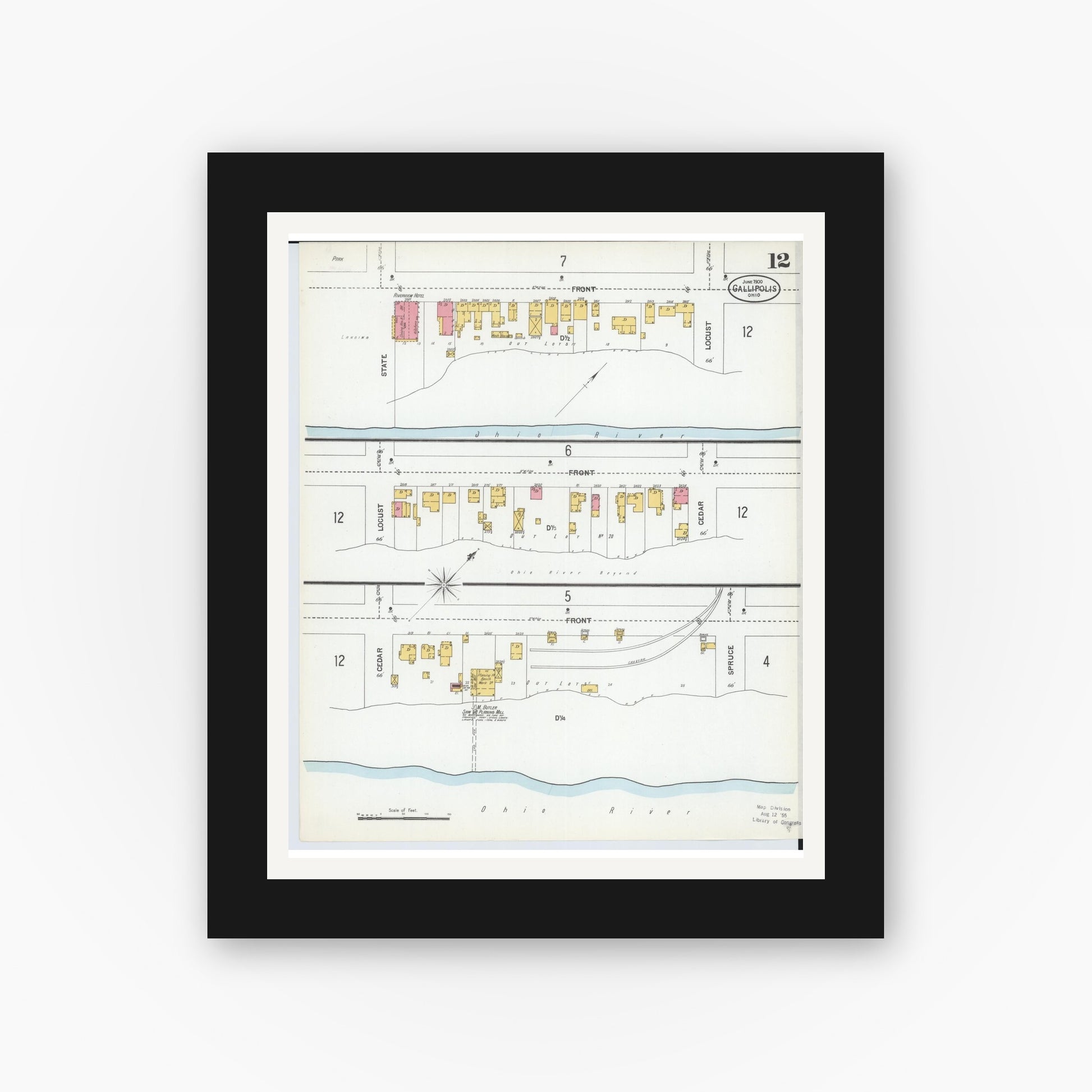 Old map wall art mockup — black gallery frame with white mat — Sanborn Fire Insurance Map from Gallipolis, Gallia County, Ohio (1900), Sheet #0012