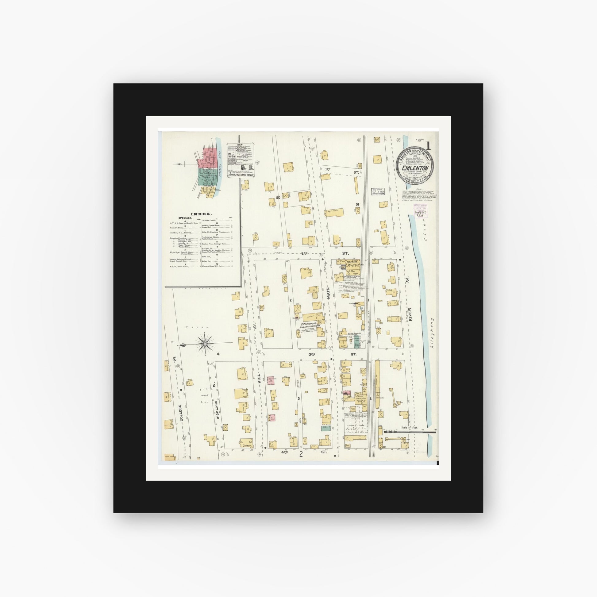 Old map wall art mockup — black gallery frame with white mat — Sanborn Fire Insurance Map from Emlenton, Venango County, Pennsylvania (1904), Sheet #0001