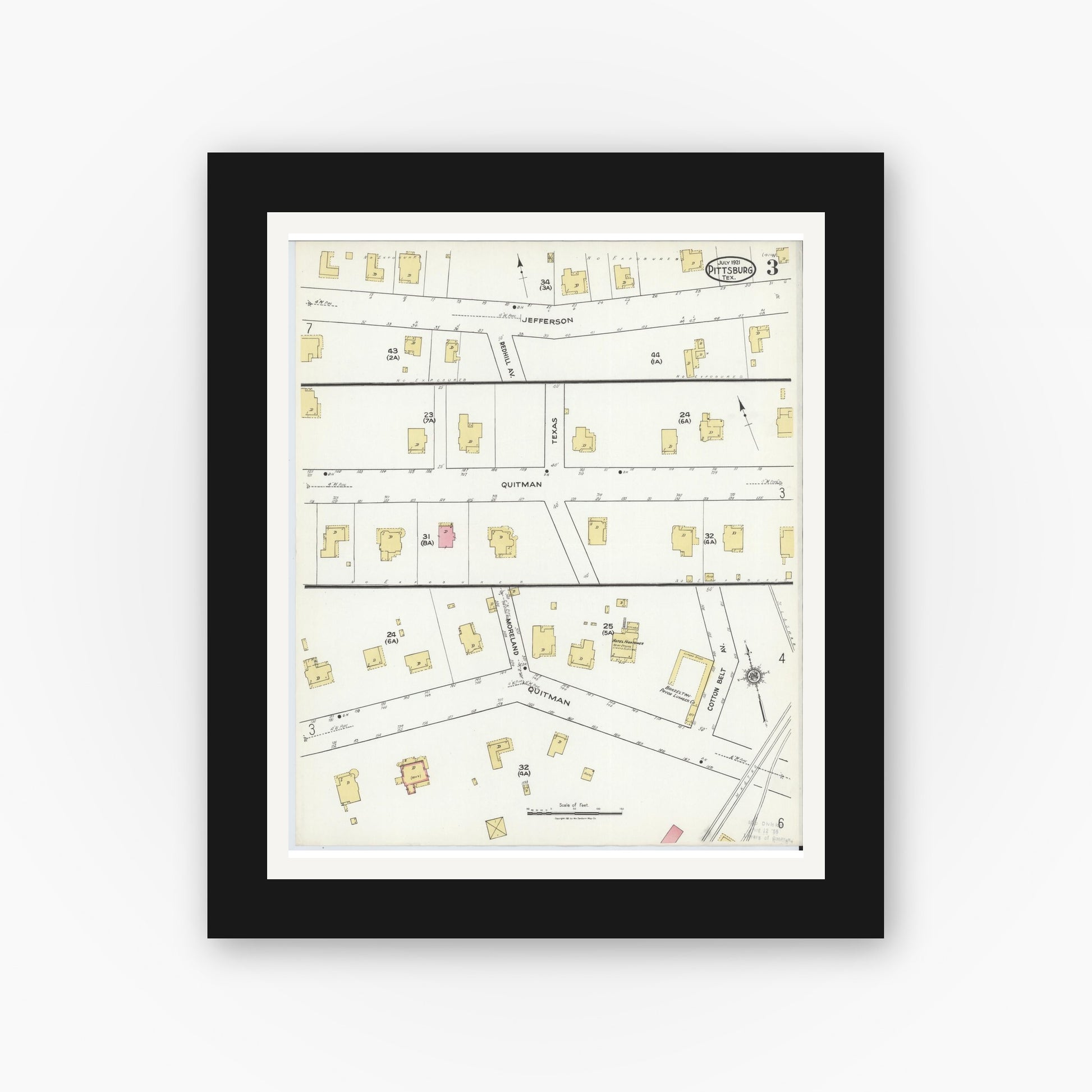 Old map wall art mockup — black gallery frame with white mat — Sanborn Fire Insurance Map from Pittsburg, Camp County, Texas (1921), Sheet #0003