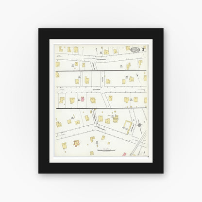 Old map wall art mockup — black gallery frame with white mat — Sanborn Fire Insurance Map from Pittsburg, Camp County, Texas (1921), Sheet #0003