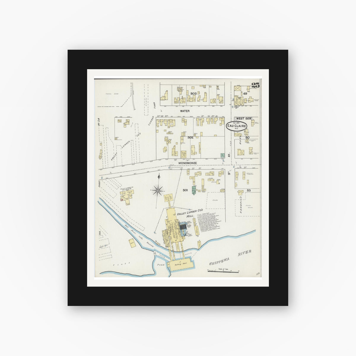 Old map wall art mockup — black gallery frame with white mat — Sanborn Fire Insurance Map from Eau Claire, Eau Claire County, Wisconsin (1889), Sheet #0025