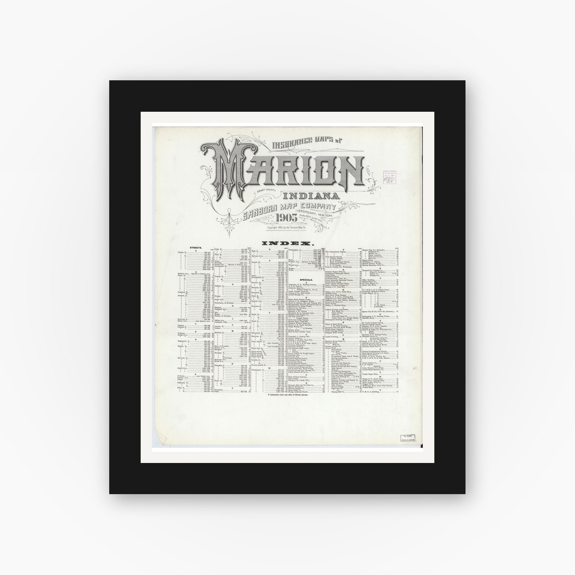 Old map wall art mockup — black gallery frame with white mat — Sanborn Fire Insurance Map from Marion, Grant County, Indiana (1905), Sheet #0001