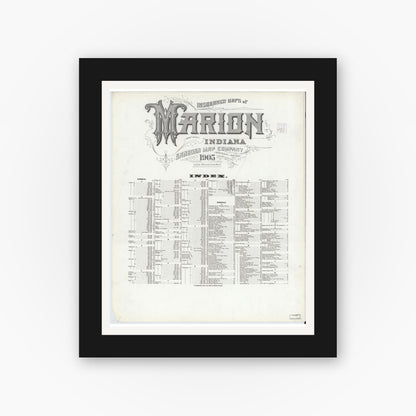 Old map wall art mockup — black gallery frame with white mat — Sanborn Fire Insurance Map from Marion, Grant County, Indiana (1905), Sheet #0001