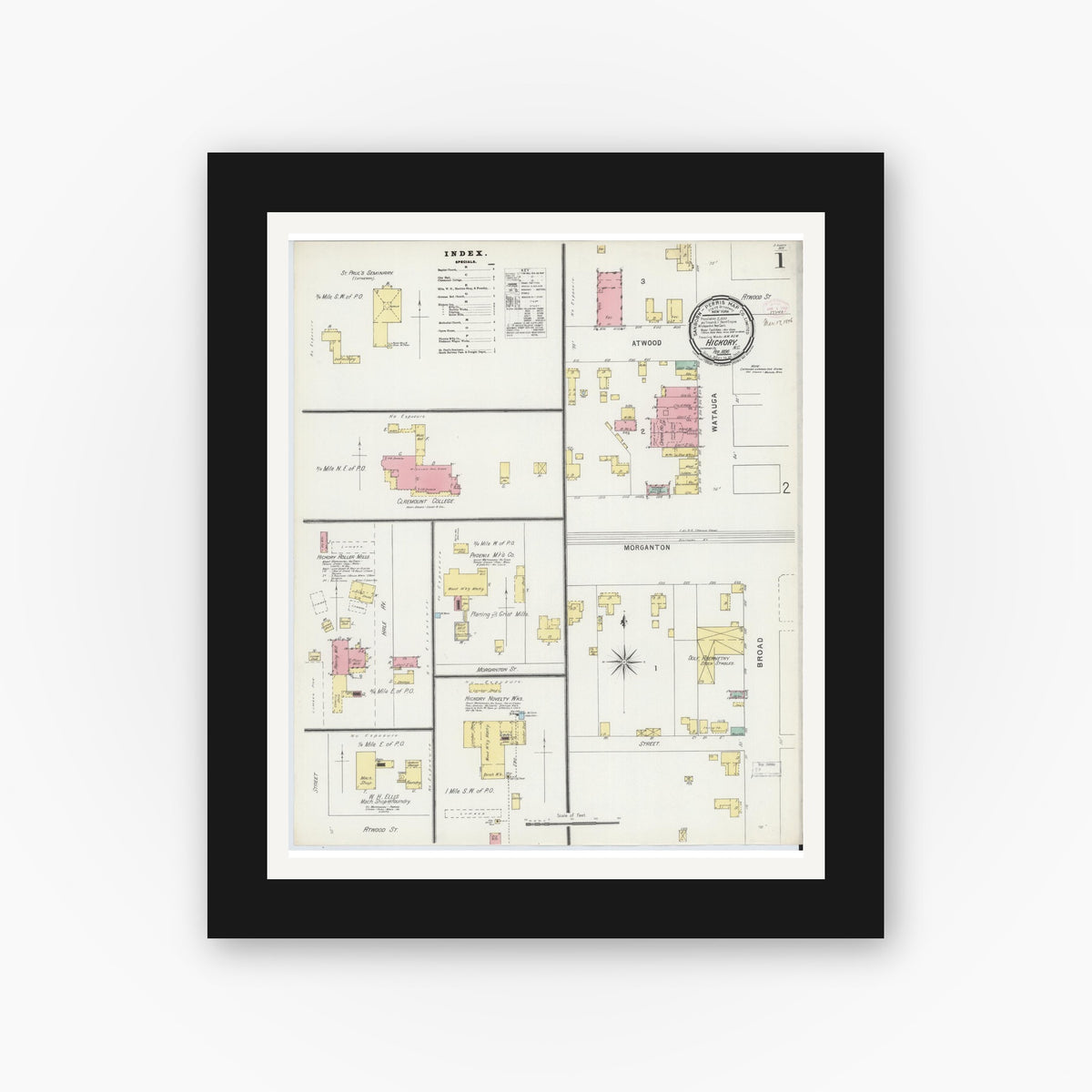 Old map wall art mockup — black gallery frame with white mat — Sanborn Fire Insurance Map from Hickory, Catawba County, North Carolina (1896) - Complete Map Set