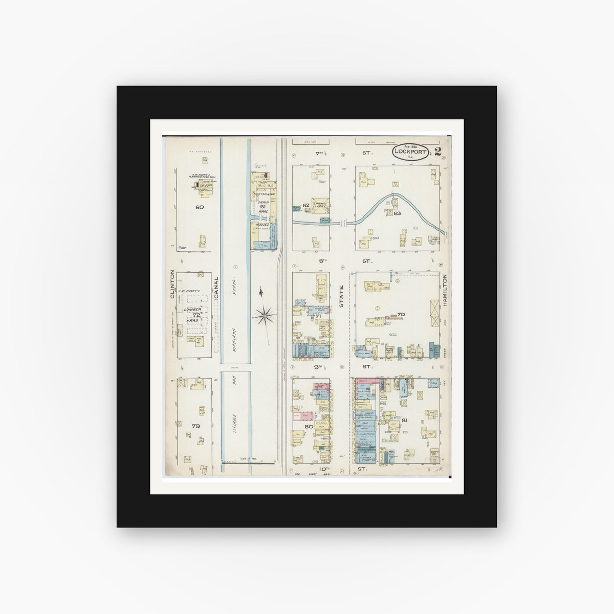 Old map wall art mockup — black gallery frame with white mat — Sanborn Fire Insurance Map from Lockport, Will County, Illinois (1886), Sheet #0002