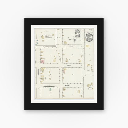 Old map wall art mockup — black gallery frame with white mat — Sanborn Fire Insurance Map from Fairfield, Freestone County, Texas (1891), Sheet #0001