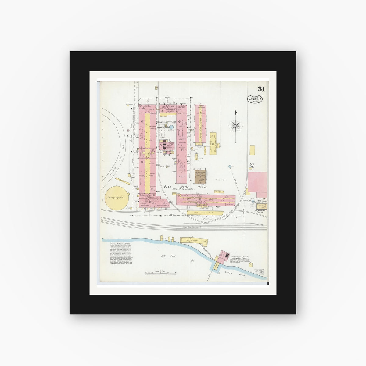Old map wall art mockup — black gallery frame with white mat — Sanborn Fire Insurance Map from Lansing, Ingham County, Michigan (1906), Sheet #0031