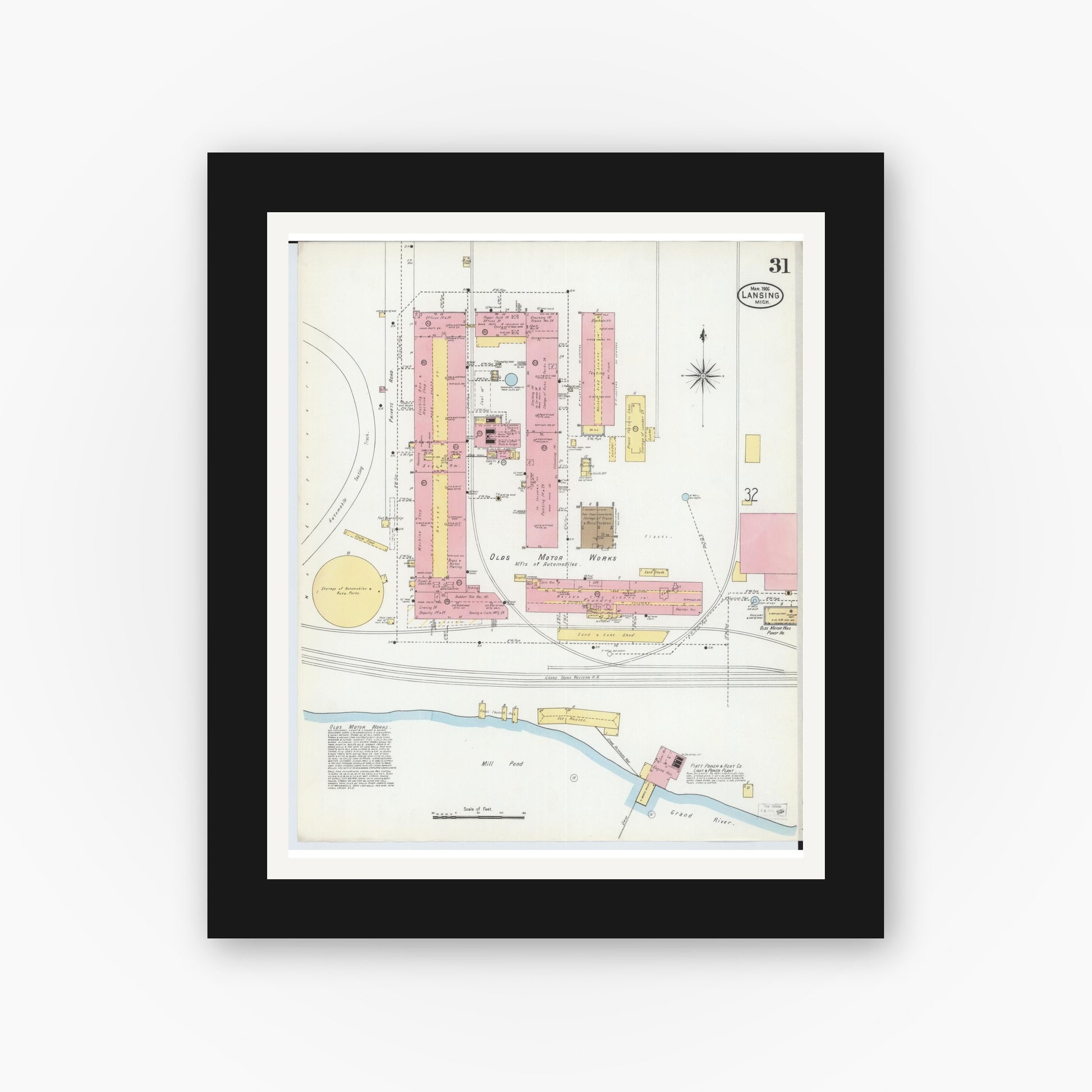 Old map wall art mockup — black gallery frame with white mat — Sanborn Fire Insurance Map from Lansing, Ingham County, Michigan (1906), Sheet #0031