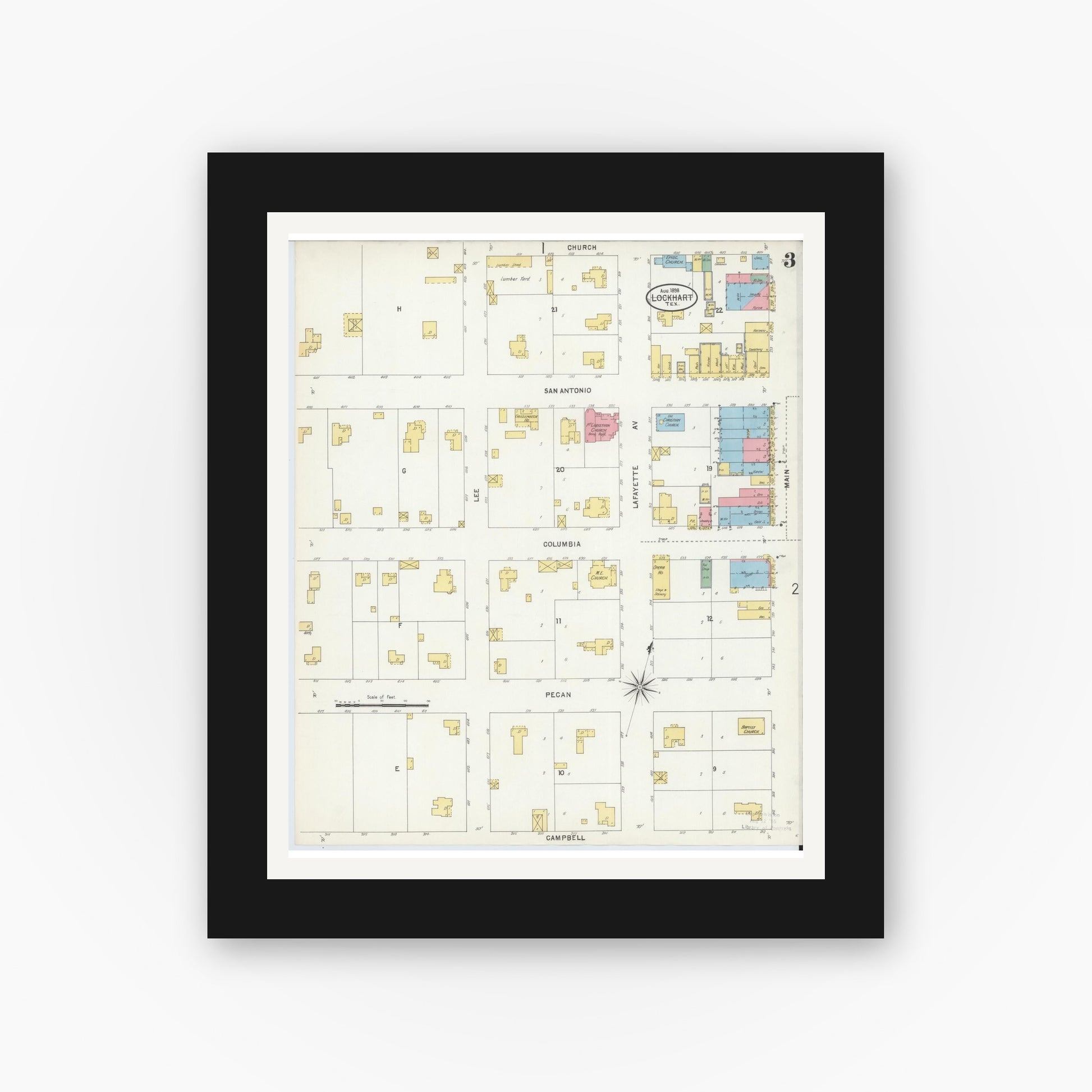 Old map wall art mockup — black gallery frame with white mat — Sanborn Fire Insurance Map from Lockhart, Caldwell County, Texas (1898), Sheet #0003