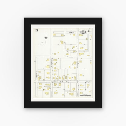 Old map wall art mockup — black gallery frame with white mat — Sanborn Fire Insurance Map from Ocala, Marion County, Florida (1924), Sheet #0021