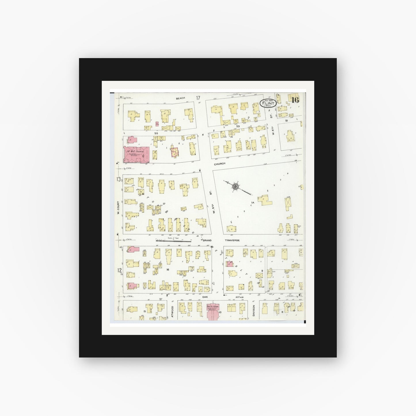 Old map wall art mockup — black gallery frame with white mat — Sanborn Fire Insurance Map from Flint, Genesee County, Michigan (1909), Sheet #0016
