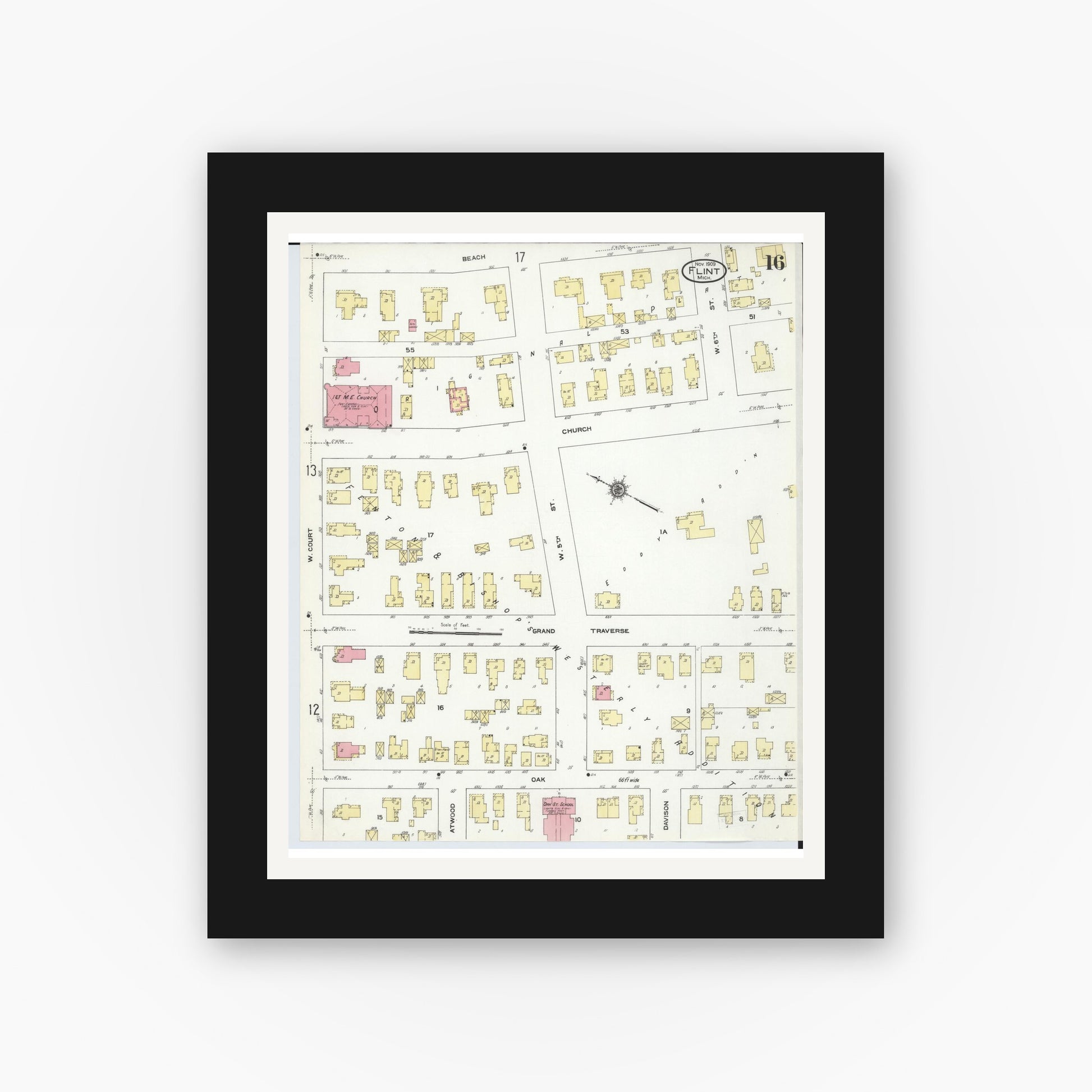Old map wall art mockup — black gallery frame with white mat — Sanborn Fire Insurance Map from Flint, Genesee County, Michigan (1909), Sheet #0016