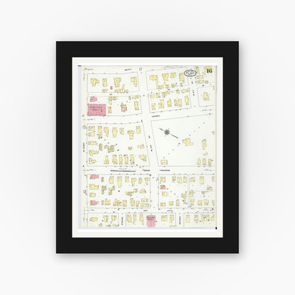 Old map wall art mockup — black gallery frame with white mat — Sanborn Fire Insurance Map from Flint, Genesee County, Michigan (1909), Sheet #0016