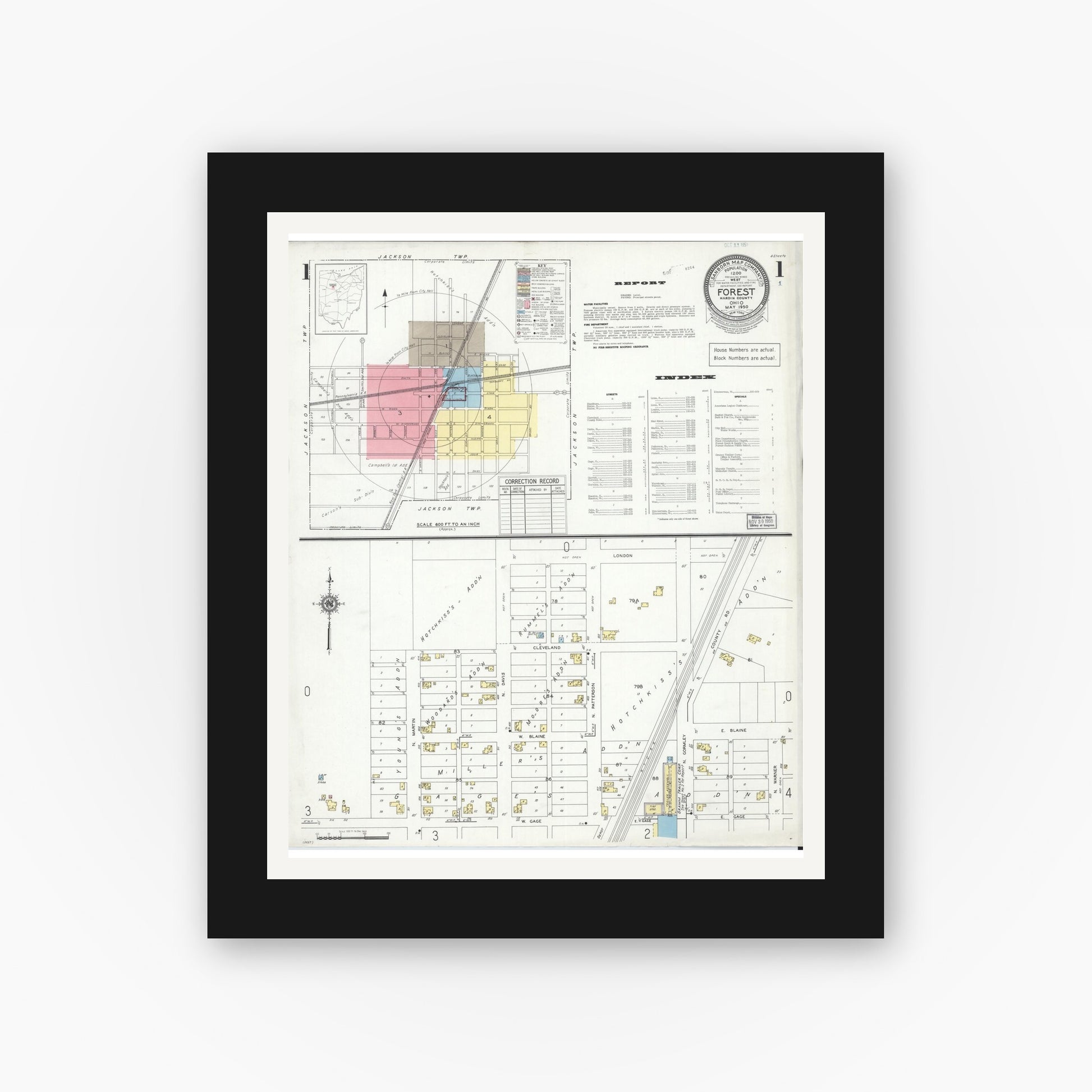 Old map wall art mockup — black gallery frame with white mat — Sanborn Fire Insurance Map from Forest, Hardin County, Ohio (1950), Sheet #0001