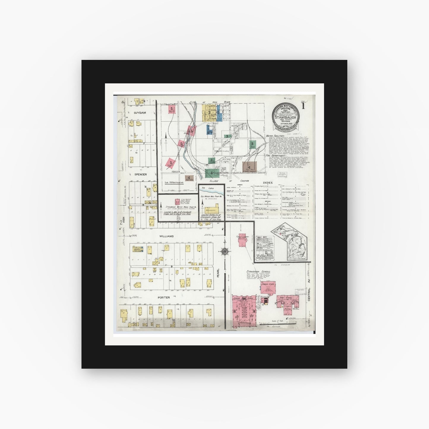 Old map wall art mockup — black gallery frame with white mat — Sanborn Fire Insurance Map from Stambaugh, Iron County, Michigan (1922), Sheet #0001