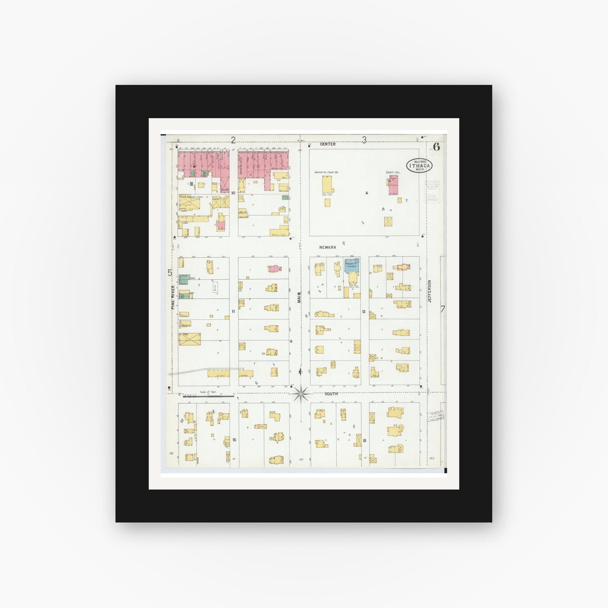 Old map wall art mockup — black gallery frame with white mat — Sanborn Fire Insurance Map from Ithaca, Gratiot County, Michigan (1900), Sheet #0006