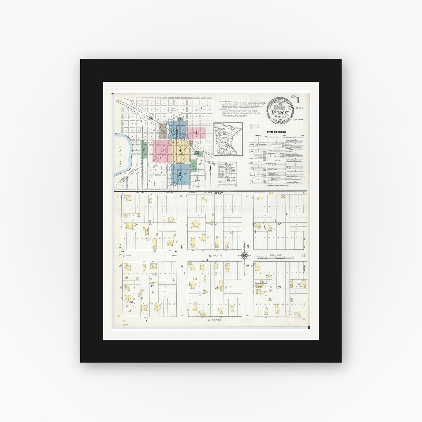 Old map wall art mockup — black gallery frame with white mat — Sanborn Fire Insurance Map from Detroit Lakes, Becker County, Minnesota (1914) - Complete Map Set