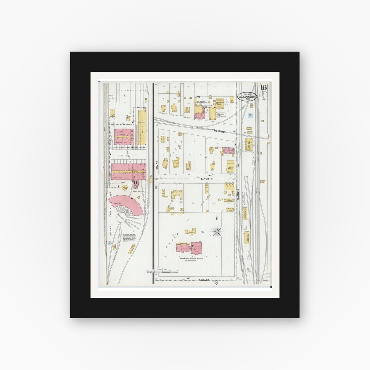 Old map wall art mockup — black gallery frame with white mat — Sanborn Fire Insurance Map from Jacksonville, Morgan County, Illinois (1899), Sheet #0016