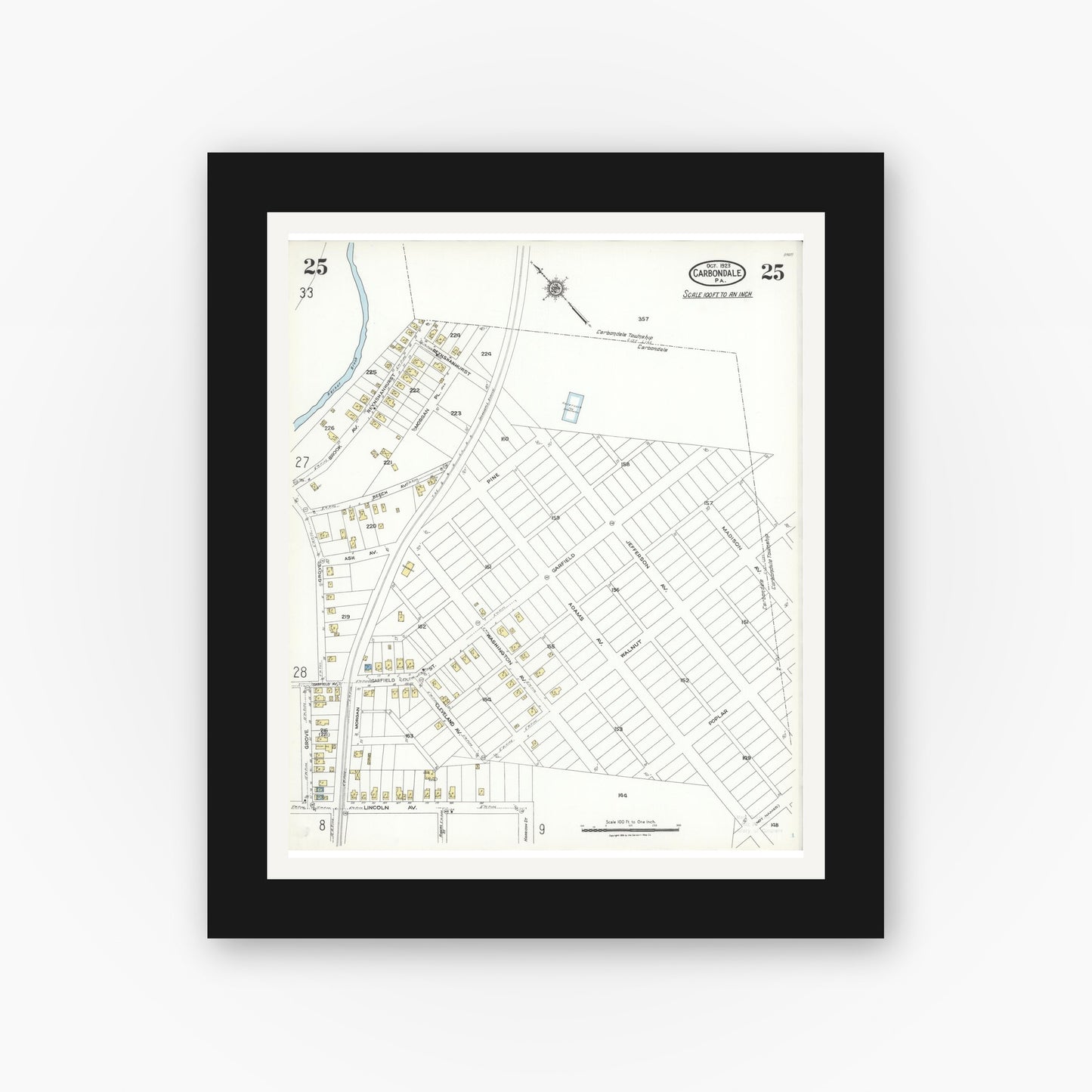 Old map wall art mockup — black gallery frame with white mat — Sanborn Fire Insurance Map from Carbondale, Lackawanna County, Pennsylvania (1923), Sheet #0025