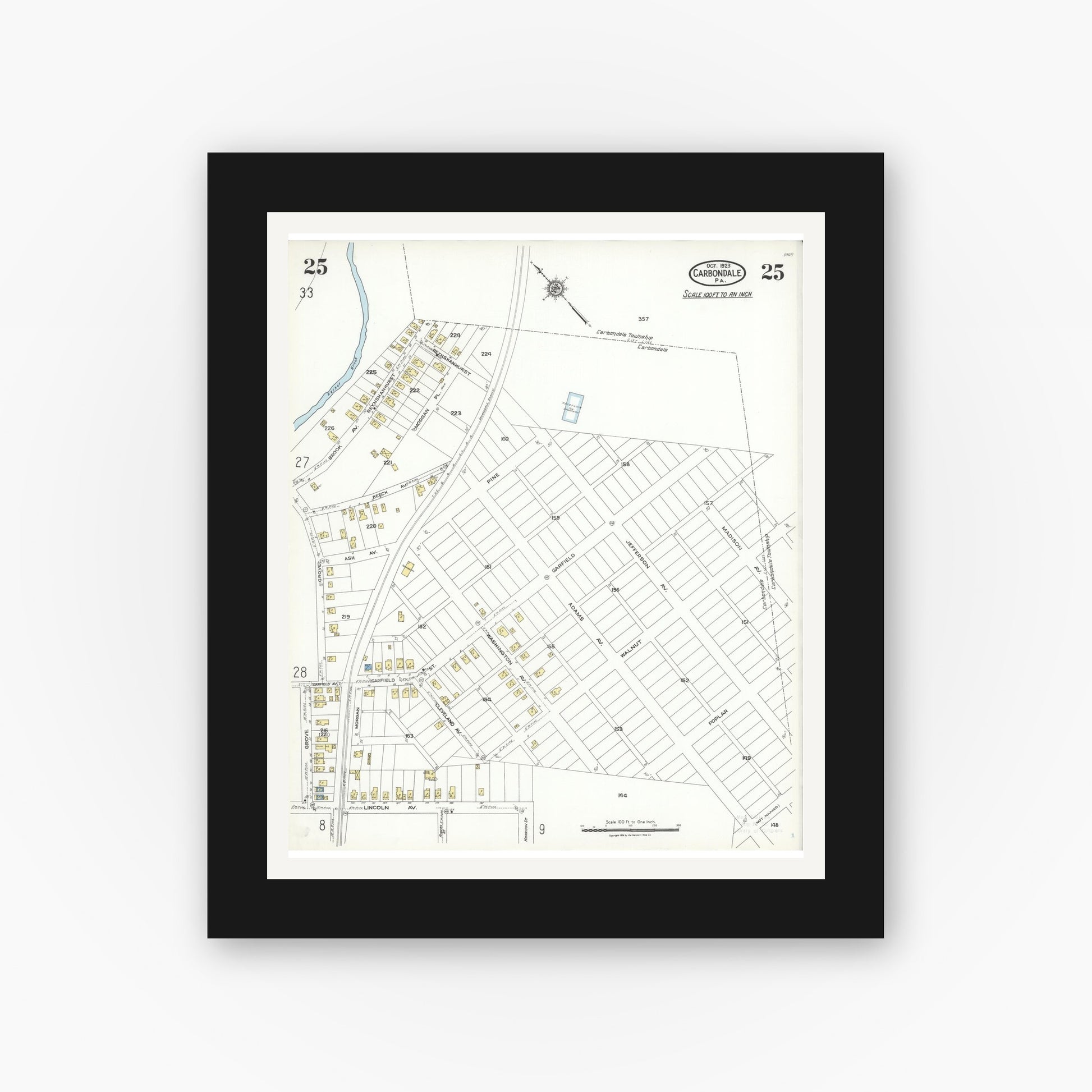 Old map wall art mockup — black gallery frame with white mat — Sanborn Fire Insurance Map from Carbondale, Lackawanna County, Pennsylvania (1923), Sheet #0025