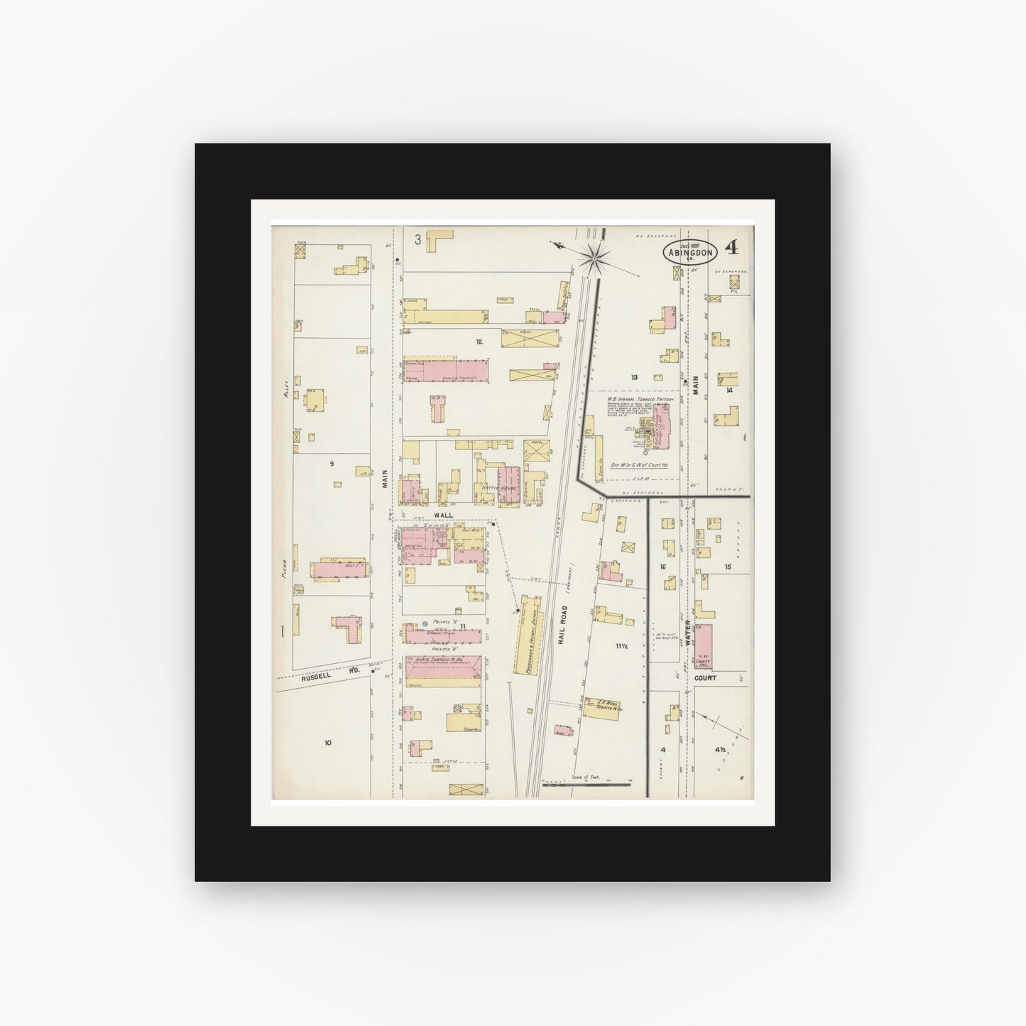 Old map wall art mockup — black gallery frame with white mat — Sanborn Fire Insurance Map from Abingdon, Washington County, Virginia (1897), Sheet #0004