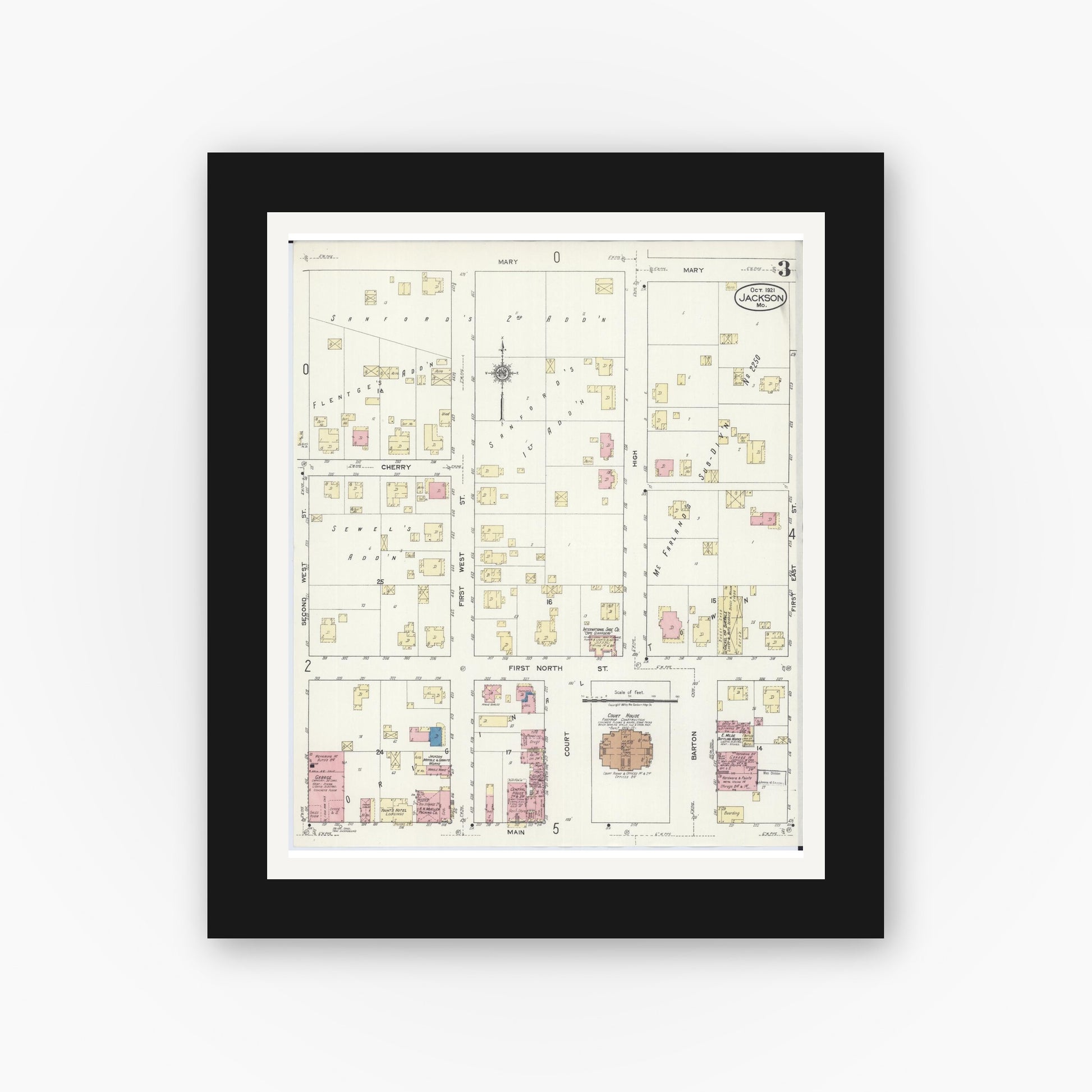 Old map wall art mockup — black gallery frame with white mat — Sanborn Fire Insurance Map from Jackson, Cape Girardeau County, Missouri (1921), Sheet #0003