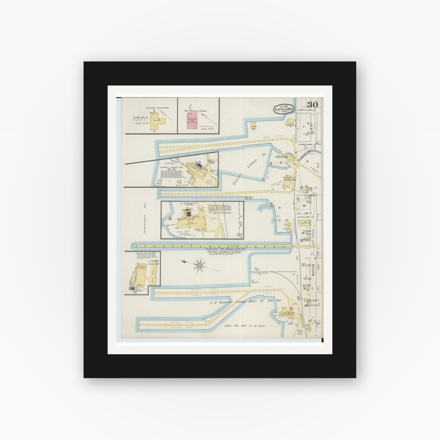 Old map wall art mockup — black gallery frame with white mat — Sanborn Fire Insurance Map from Ashland, Ashland County, Wisconsin (1895), Sheet #0030