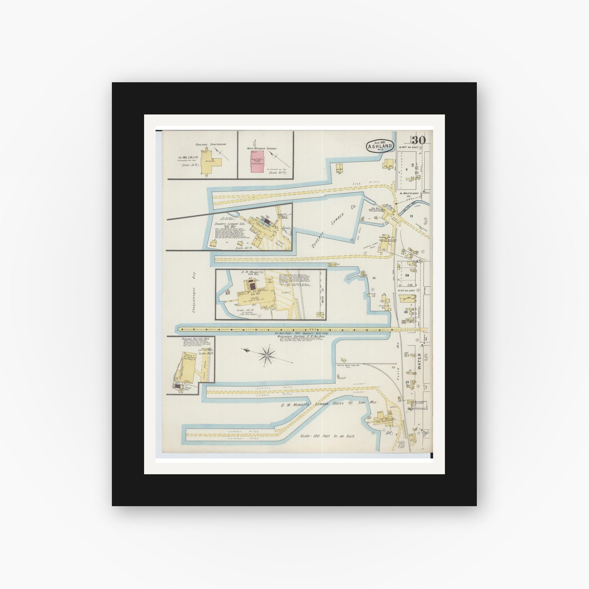 Old map wall art mockup — black gallery frame with white mat — Sanborn Fire Insurance Map from Ashland, Ashland County, Wisconsin (1895), Sheet #0030
