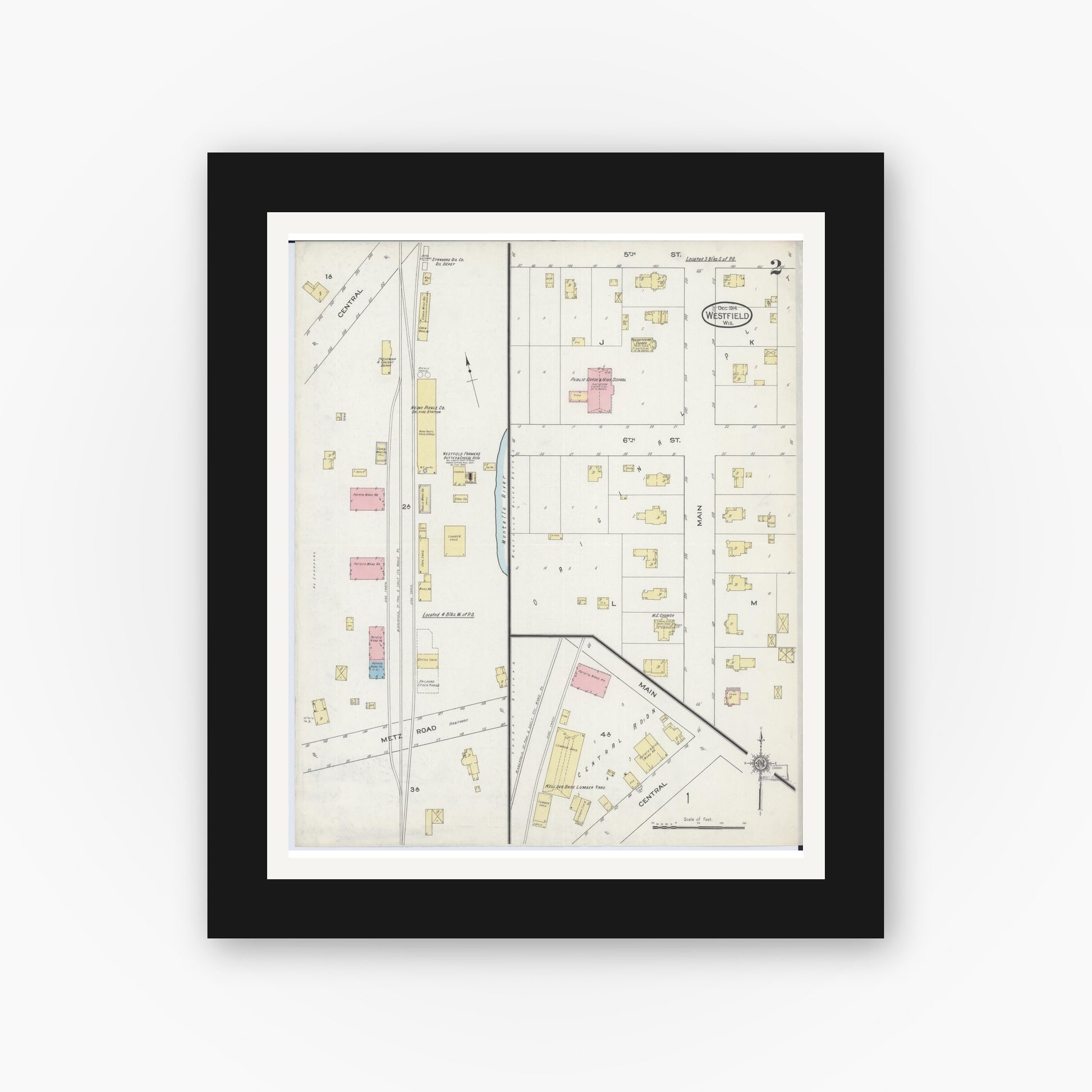 Old map wall art mockup — black gallery frame with white mat — Sanborn Fire Insurance Map from Westfield, Marquette County, Wisconsin (1914), Sheet #0002
