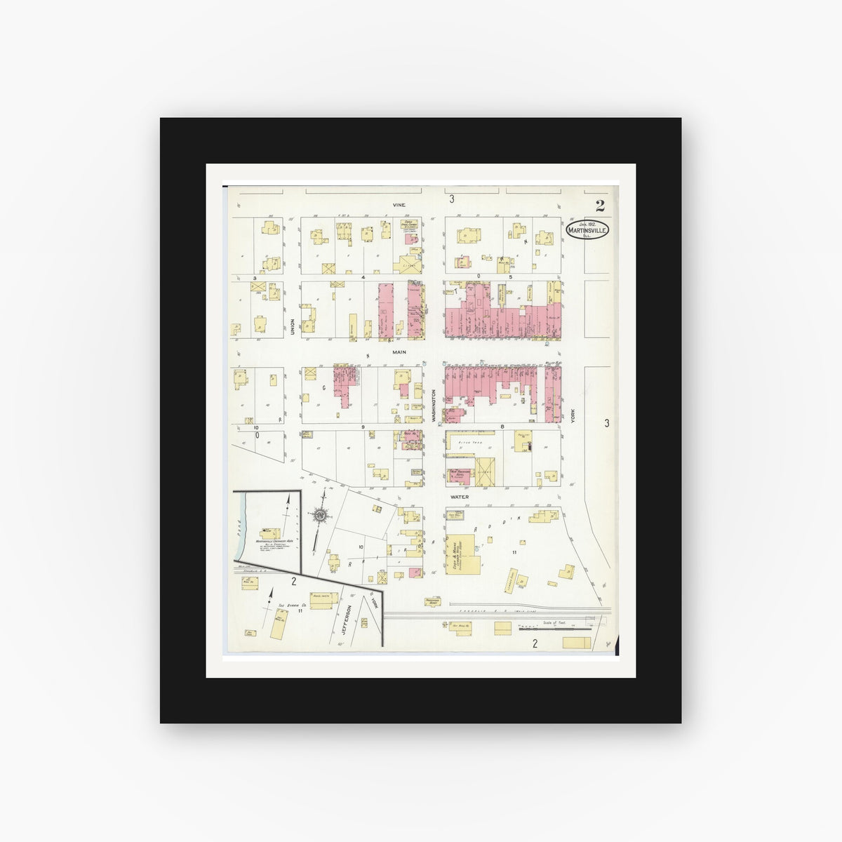 Old map wall art mockup — black gallery frame with white mat — Sanborn Fire Insurance Map from Martinsville, Clark County, Illinois (1912), Sheet #0002