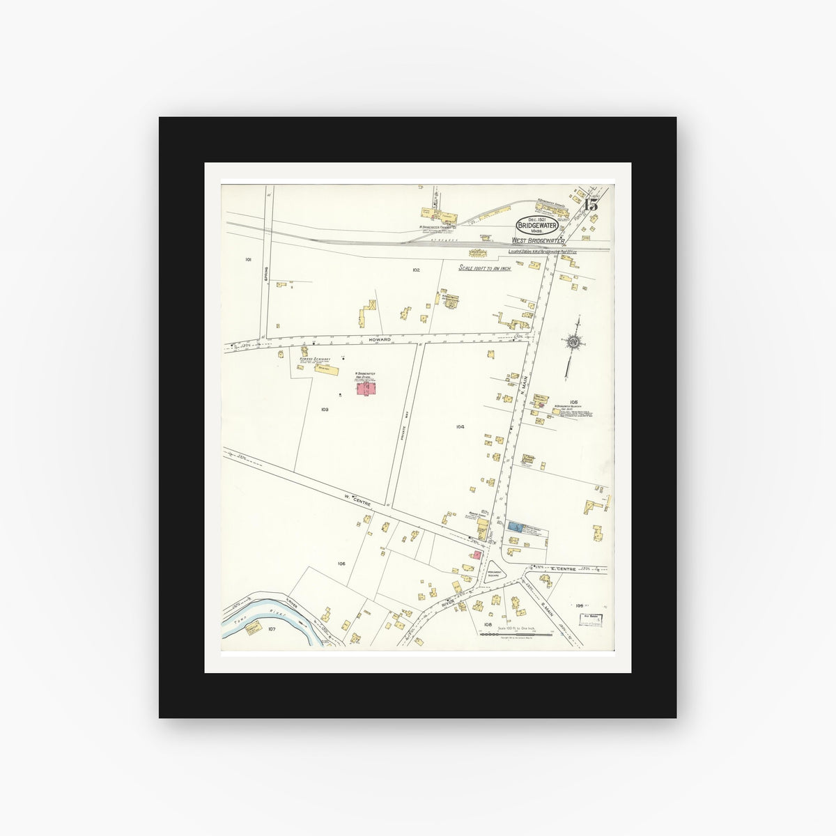 Old map wall art mockup — black gallery frame with white mat — Sanborn Fire Insurance Map from Bridgewater, Plymouth County, Massachusetts (1921), Sheet #0015