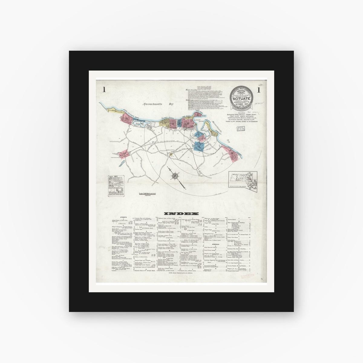 Old map wall art mockup — black gallery frame with white mat — Sanborn Fire Insurance Map from Scituate, Plymouth County, Massachusetts (1926), Sheet #0001