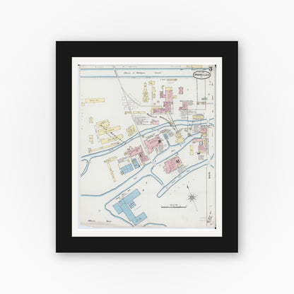 Old map wall art mockup — black gallery frame with white mat — Sanborn Fire Insurance Map from Marseilles, La Salle County, Illinois (1889), Sheet #0003