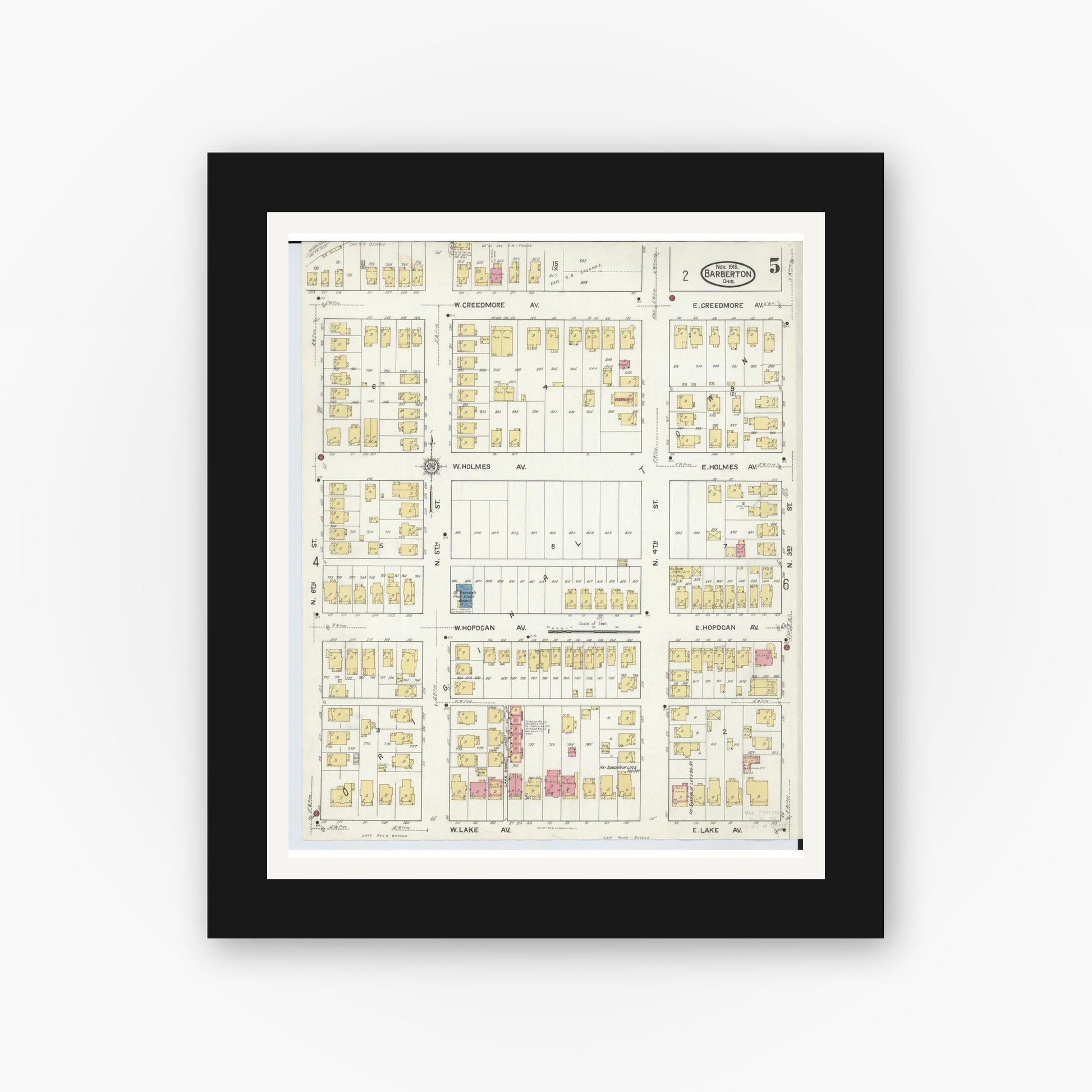 Old map wall art mockup — black gallery frame with white mat — Sanborn Fire Insurance Map from Barberton, Summit County, Ohio (1916), Sheet #0005