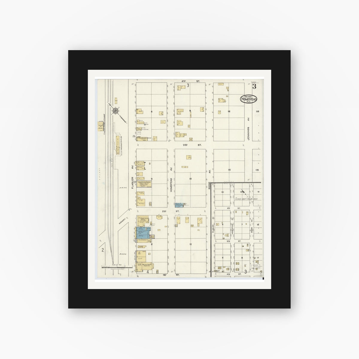 Old map wall art mockup — black gallery frame with white mat — Sanborn Fire Insurance Map from Holmestead, Dade County, Florida (1920), Sheet #0003