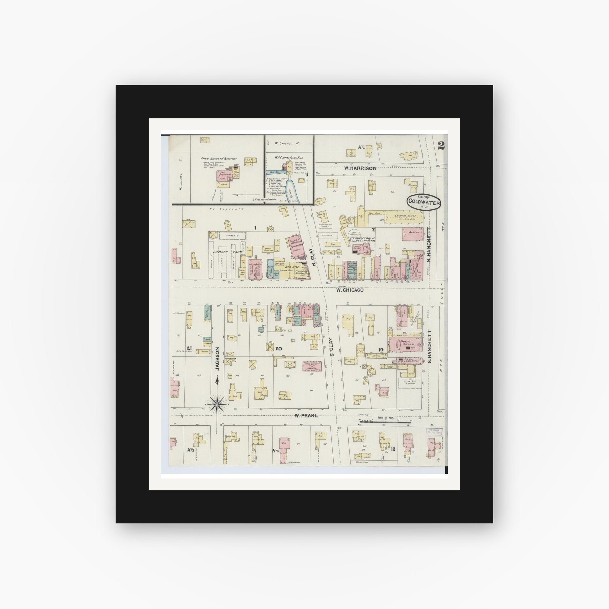 Old map wall art mockup — black gallery frame with white mat — Sanborn Fire Insurance Map from Coldwater, Branch County, Michigan (1891), Sheet #0002