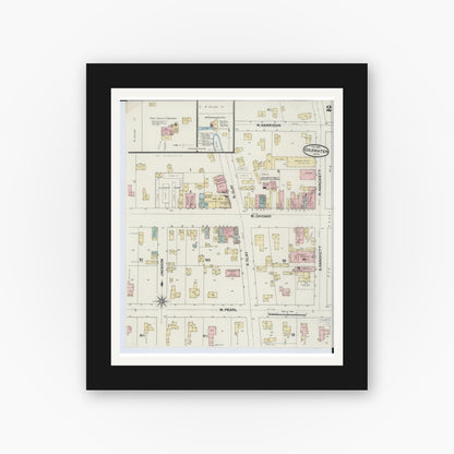 Old map wall art mockup — black gallery frame with white mat — Sanborn Fire Insurance Map from Coldwater, Branch County, Michigan (1891), Sheet #0002
