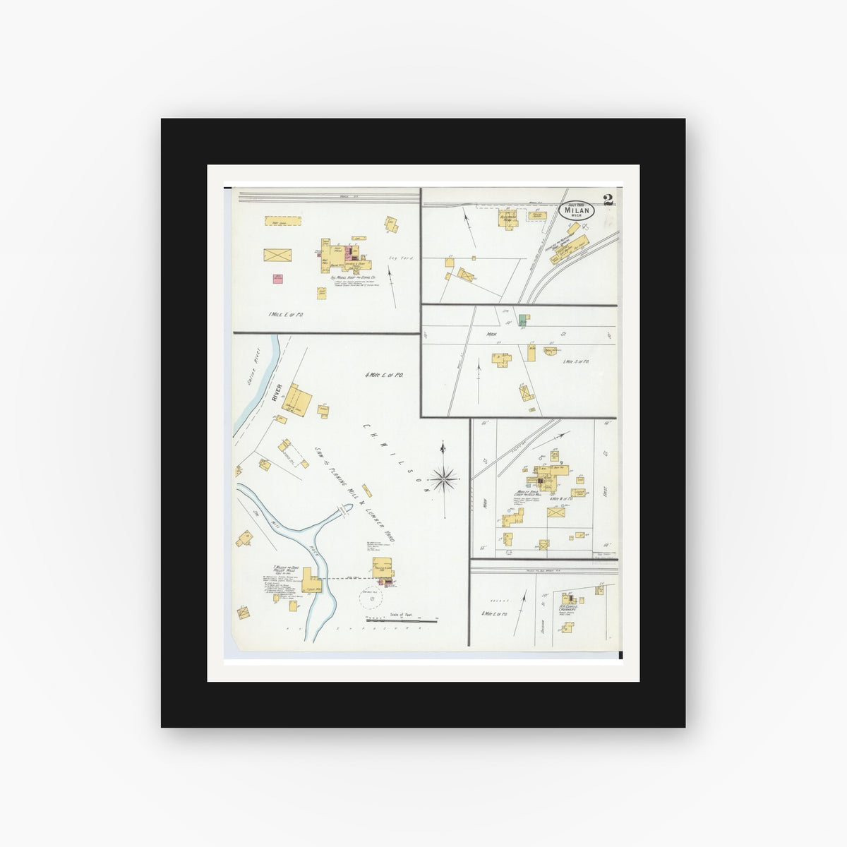 Old map wall art mockup — black gallery frame with white mat — Sanborn Fire Insurance Map from Milan, Washtenaw And Monroe Counties, Michigan (1900), Sheet #0002